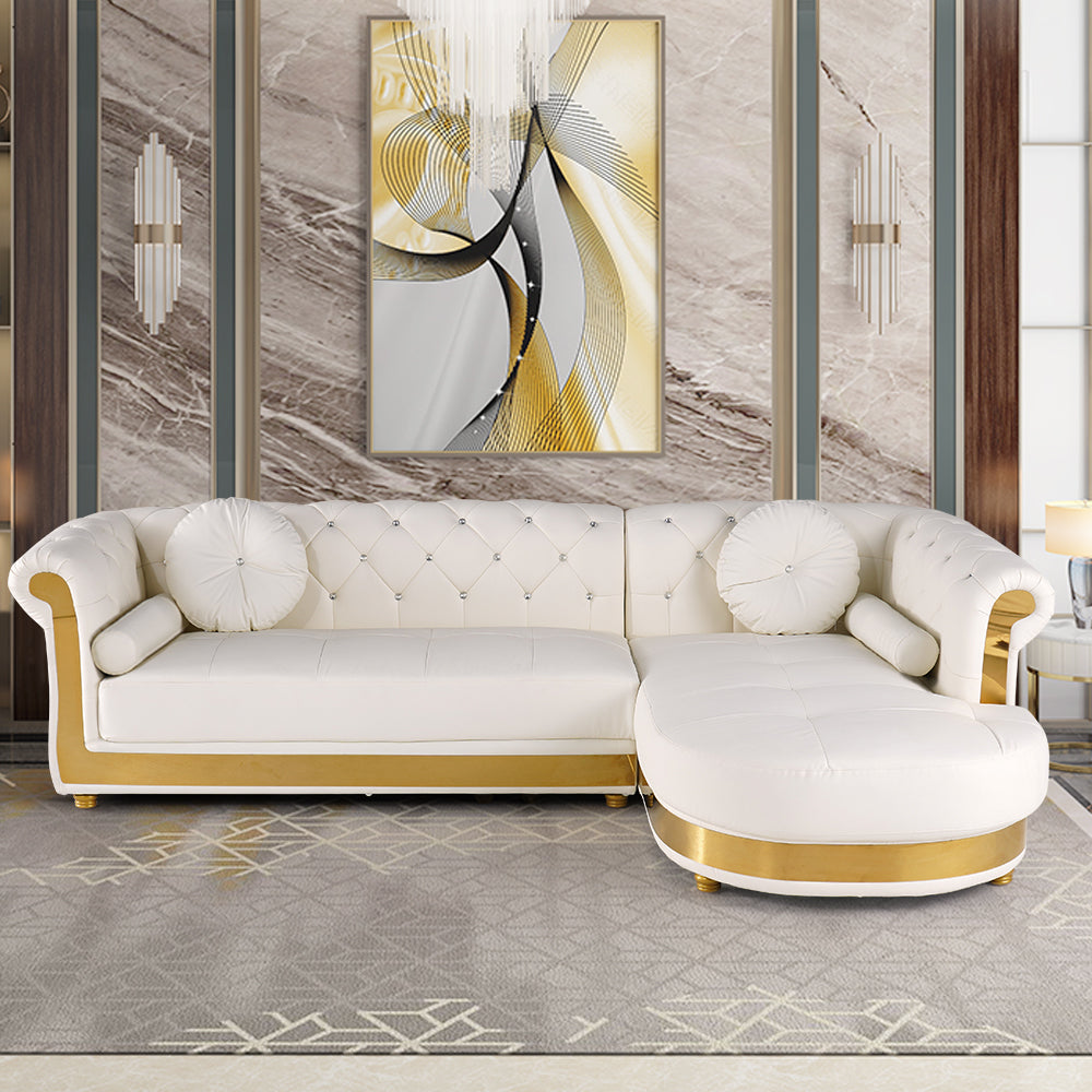 Luxury White L-Shaped Chesterfield Leather Sofa Set with Gold Accents OUCH CART