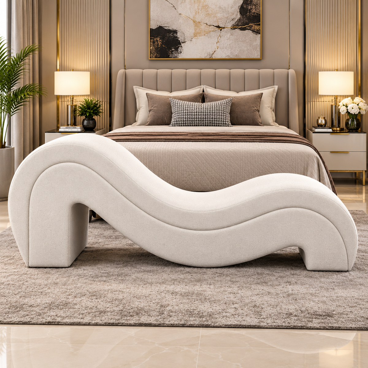 Luxury S-Shaped Chaise Lounge | Modern Cream Bouclé Daybed for Bedroom & Living Room OUCH CART