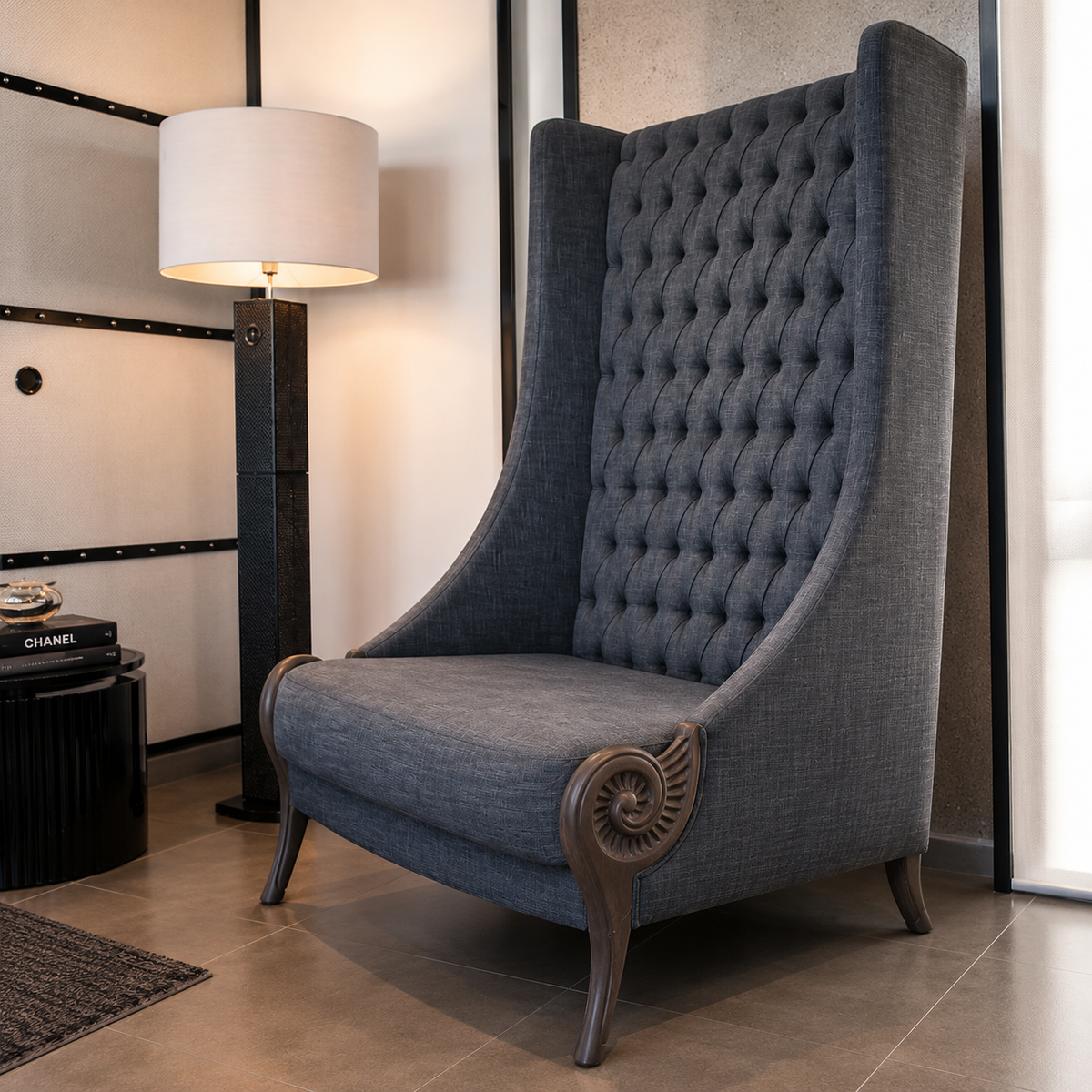 Tufted High Back Accent Chair with Carved Wooden Arms | Upholstered Living Room Lounge Chair OUCH CART