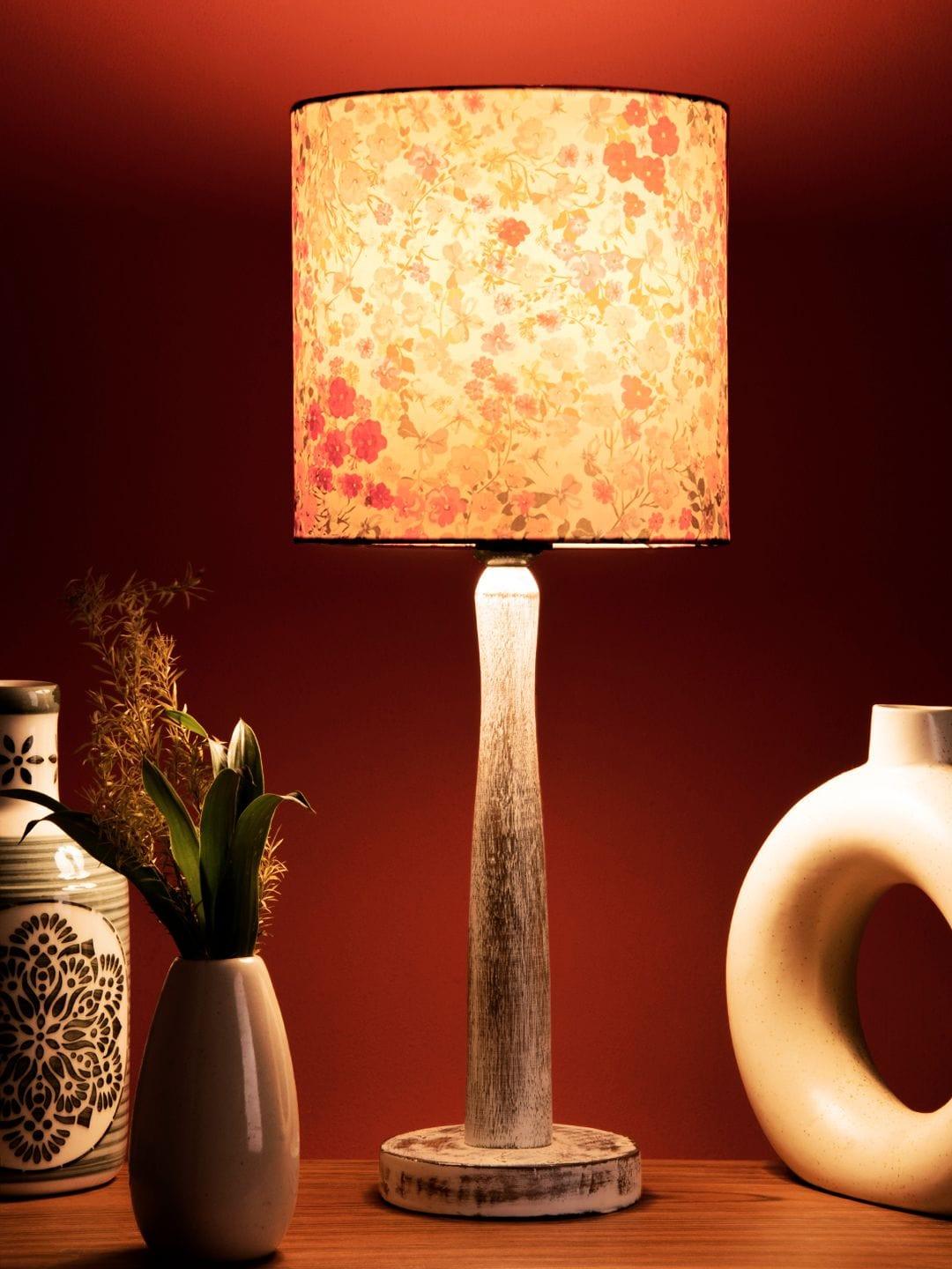 Distress White Wooden Lamp with Tiny Flowers Shade - Ouch Cart