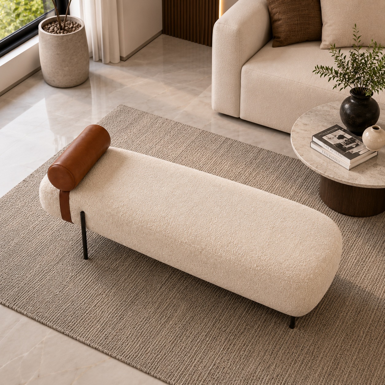 Modern Upholstered Bench with Leather Bolster Pillow | Luxury Bouclé Fabric Accent Bench