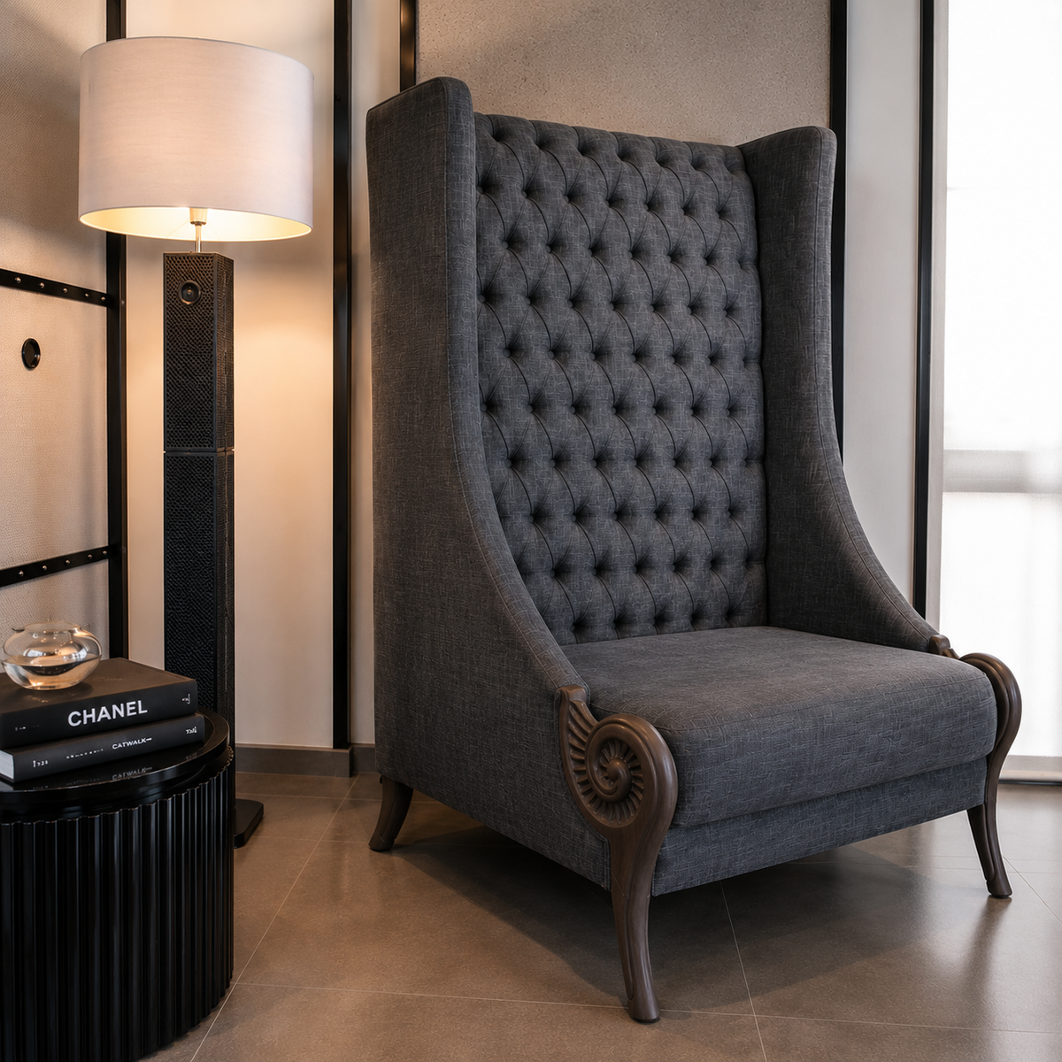 Tufted High Back Accent Chair with Carved Wooden Arms | Upholstered Living Room Lounge Chair OUCH CART