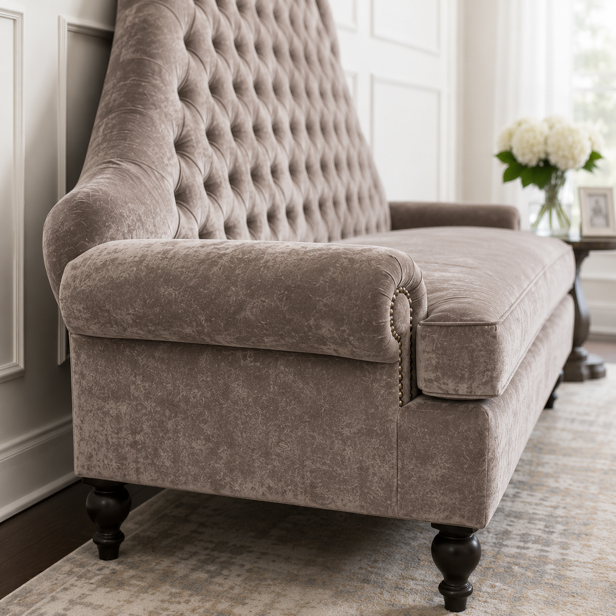 Tufted High Back 2 Seater Sofa with Rolled Arms & Wooden Legs | Elegant Living Room Couch OUCH CART