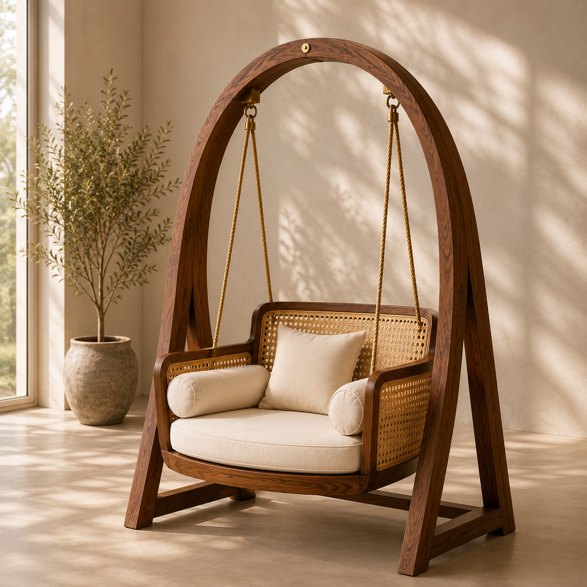 Wooden Hanging Swing Chair with Cushions – Stylish Indoor & Outdoor Lounge Swing OUCH CART