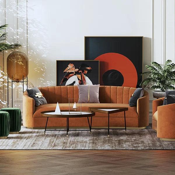 Modern Velvet Couch Curved Sofa in Orange with Stainless Steel Base - Ouch Cart
