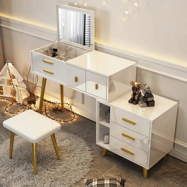 Valentina White Makeup Vanity Extendable Dressing Table with Mirror with Stool Vanity Desk, Makeup Vanity with Mirror, White Desk with Drawers, Makeup Vanity Desk, for Bedroom - Ouch Cart