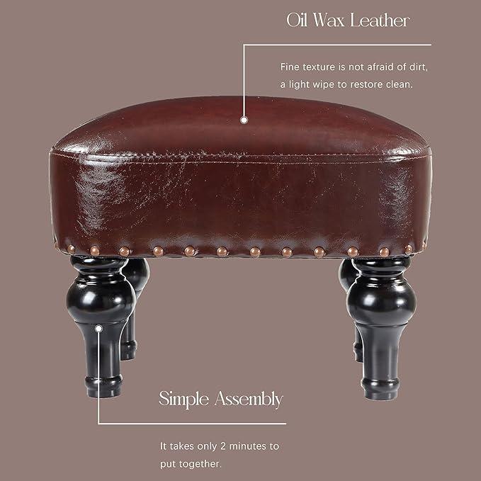 Leather Foot Rest with Thicker Foam Padded Seat, Footstool with Wooden Legs (Brown) - Ouch Cart