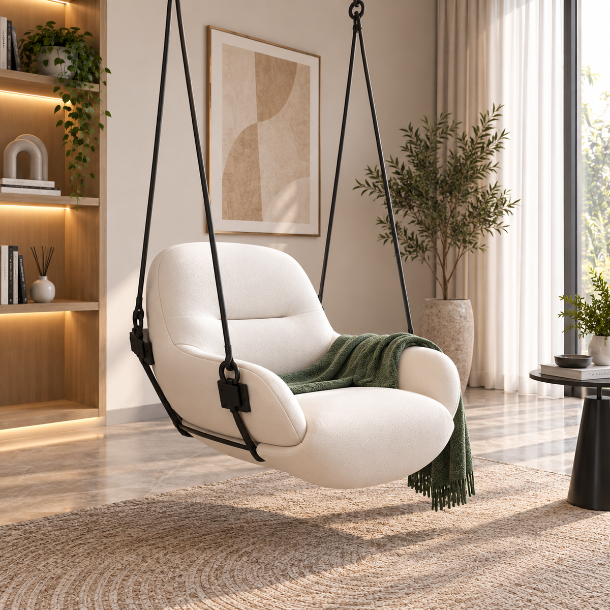 Luxury Cream Upholstered Hanging Swing Chair | Modern Indoor Relaxing Chair OUCH CART