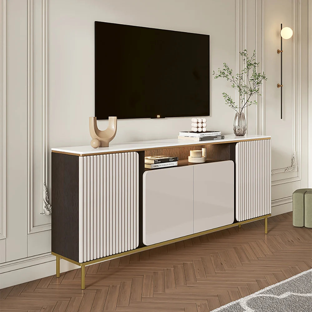 Modern Fluted TV Unit with Storage Cabinet & Shelves Ouch Cart
