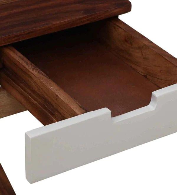 Veeti Solid Wood Study Table in White on Rustic Teak Finish - Ouch Cart