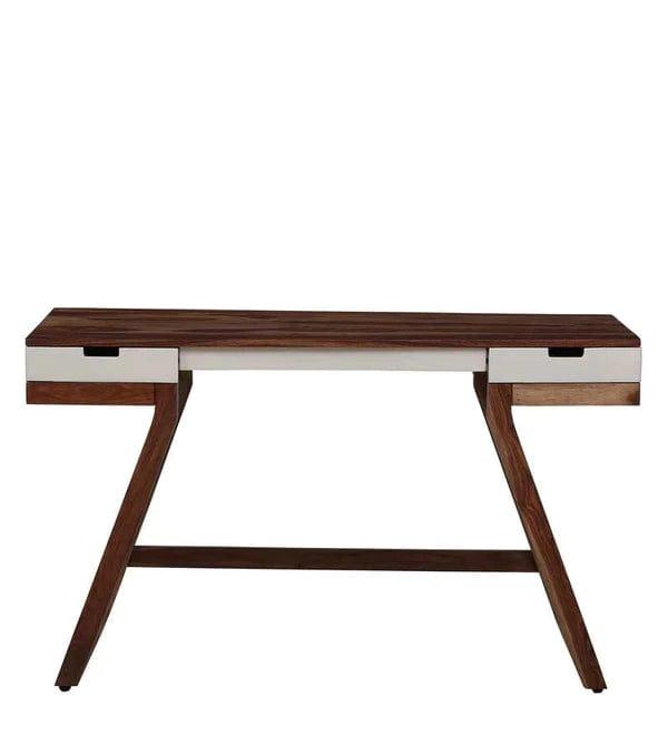 Veeti Solid Wood Study Table in White on Rustic Teak Finish - Ouch Cart