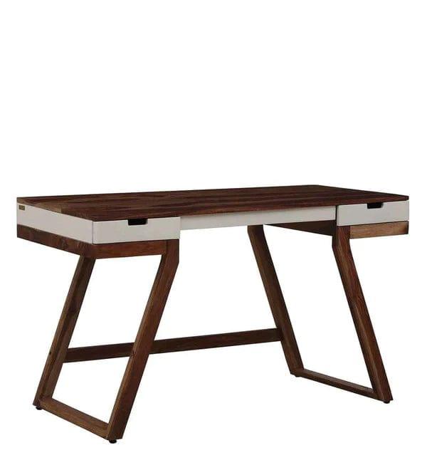 Veeti Solid Wood Study Table in White on Rustic Teak Finish - Ouch Cart