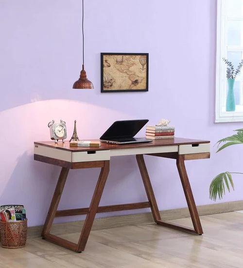 Merve Wood Study Table in White on Rustic Teak Finish - Ouch Cart