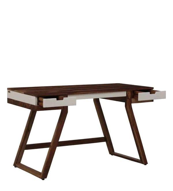 Veeti Solid Wood Study Table in White on Rustic Teak Finish - Ouch Cart