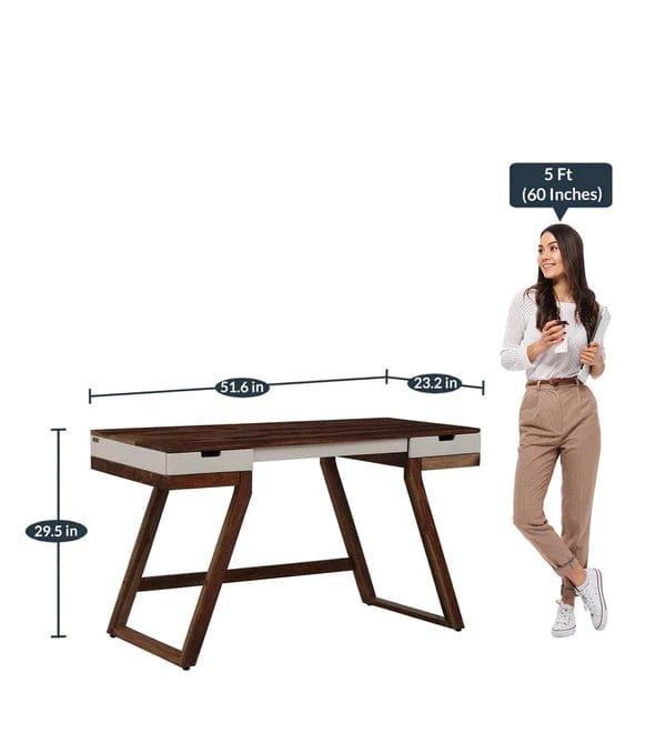 Veeti Solid Wood Study Table in White on Rustic Teak Finish - Ouch Cart