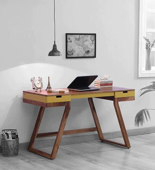 Veeti Solid Wood Study Table in White on Rustic Teak Finish - Ouch Cart