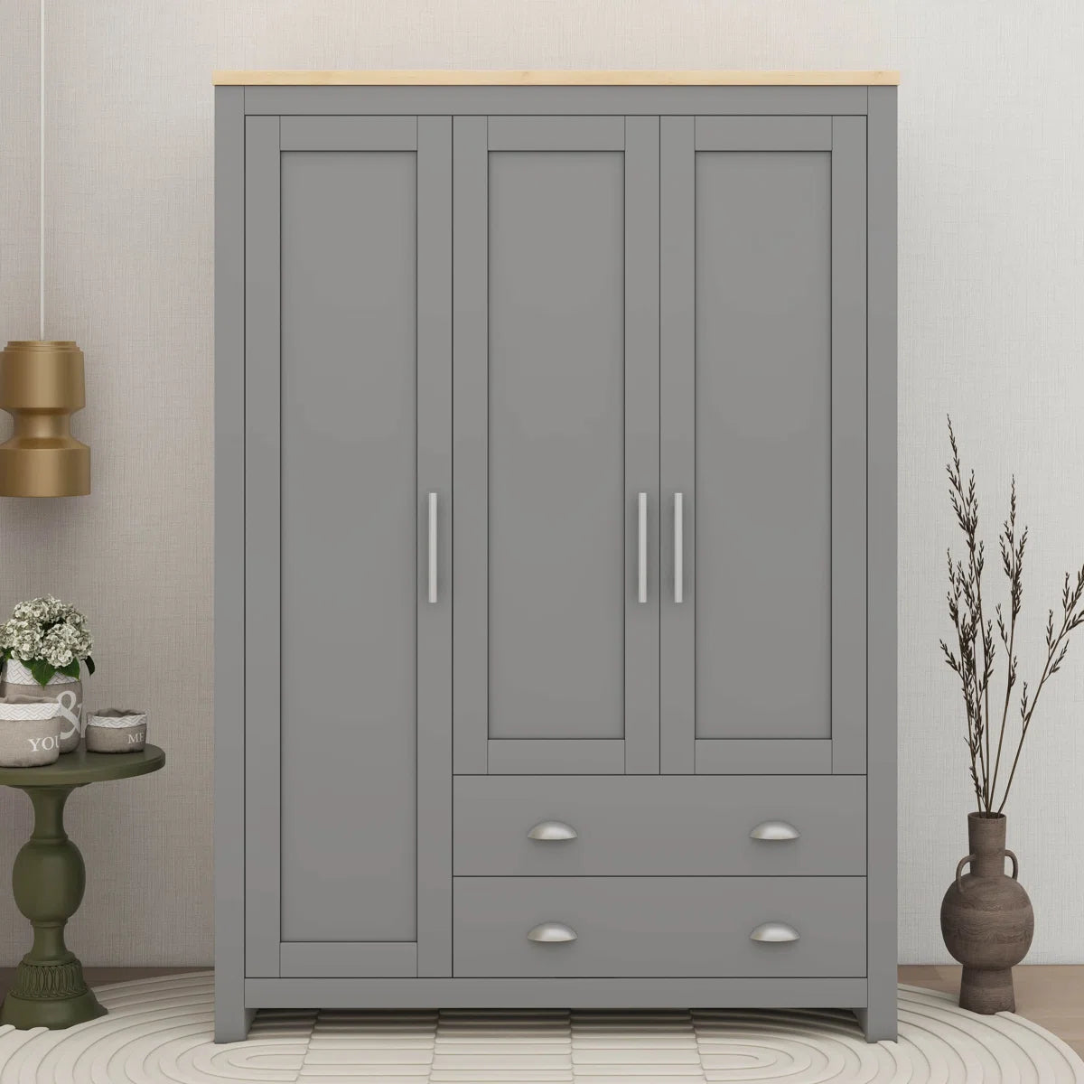 3 Doors Armoire Wardrobe Closet With 2 Drawers, 2 Hanging Rods And Shelves