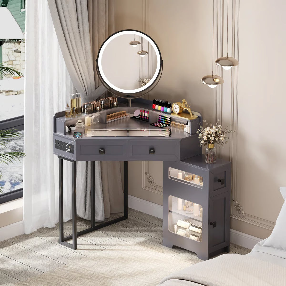 Machalik Corner Vanity Table with Mirror for Makeup and Organization