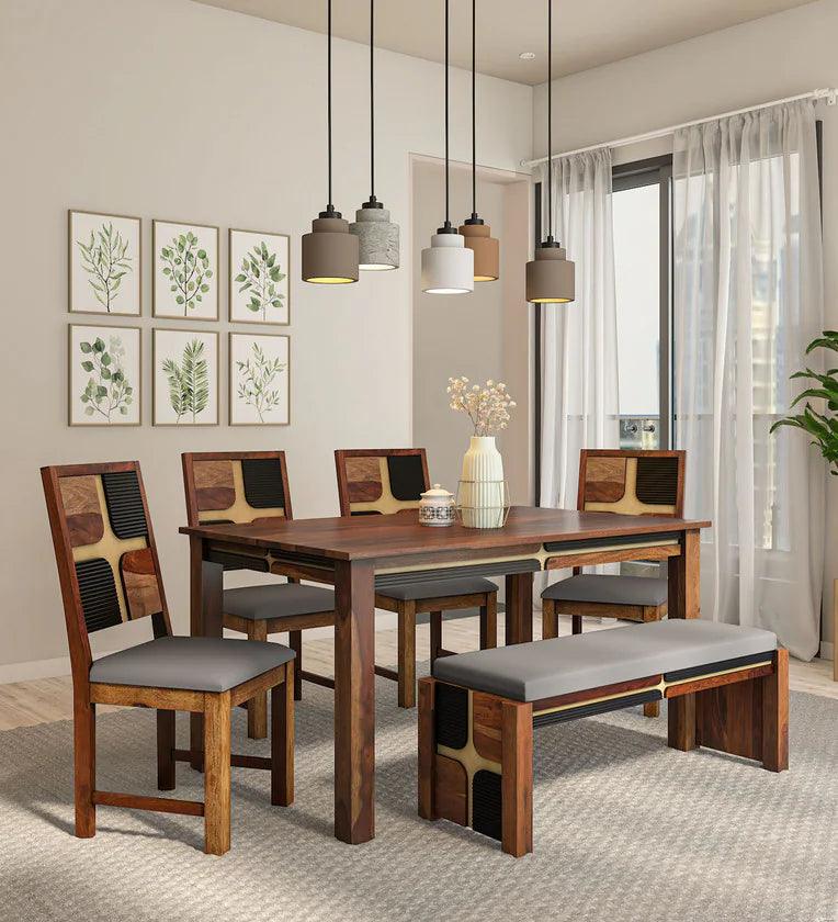 Sheesham Wood 6 Seater Dining Set In Scratch Resistant Provincial Teak Finish With Bench - Ouch Cart