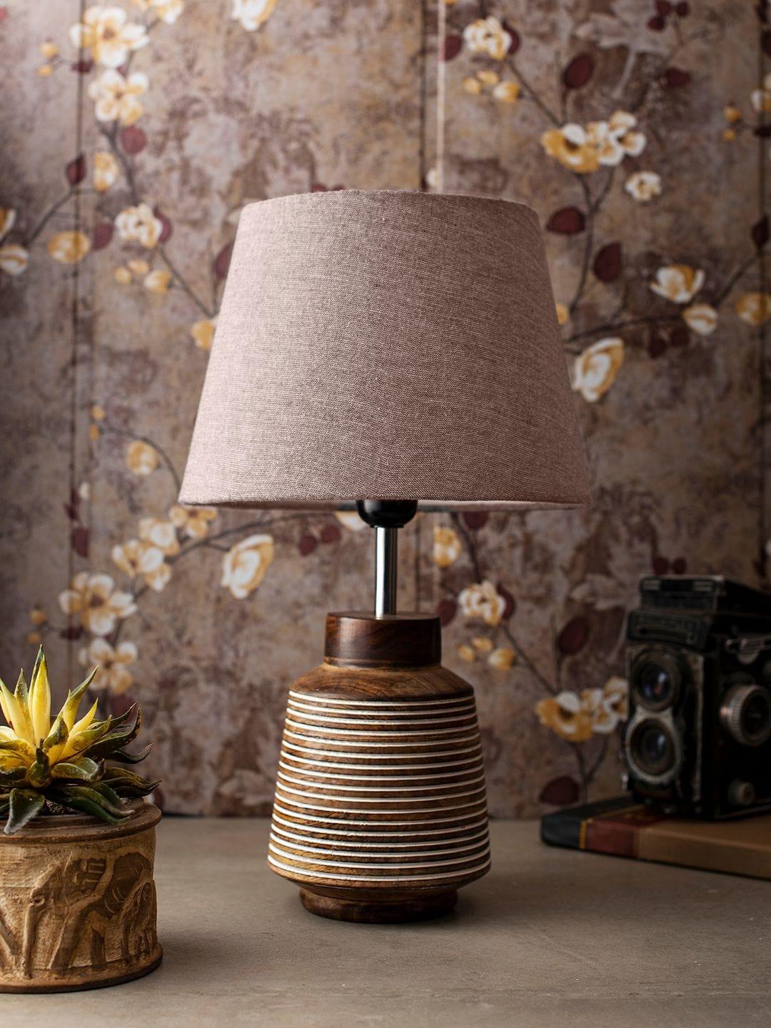 Rustic Ridged Wooden Lamp with Samre Brown Shade - Ouch Cart
