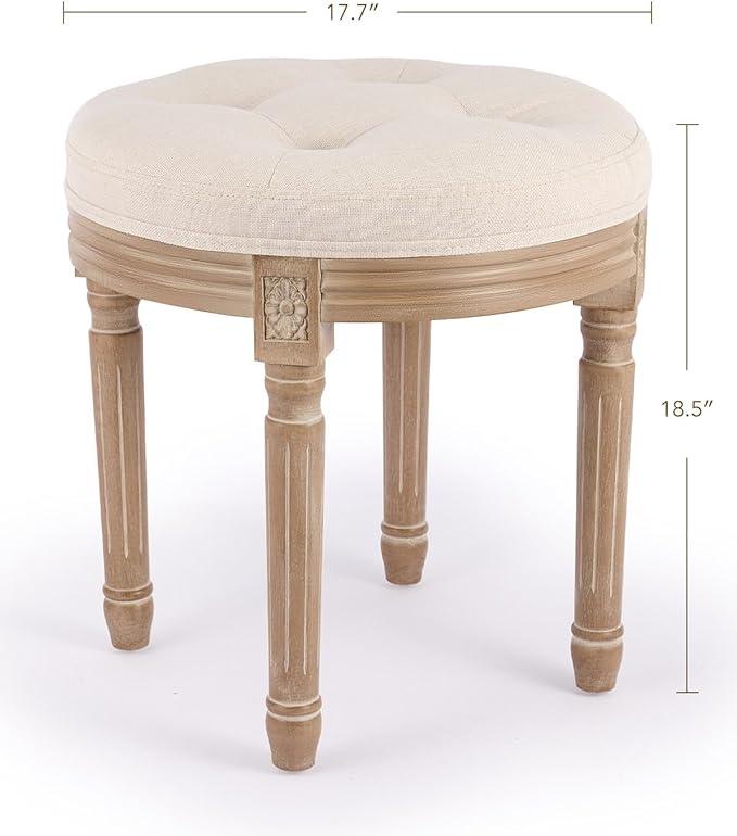 Vintage Round Brushed Wood Stool with Diamond Tufting, 18-Inch, Beige - Ouch Cart