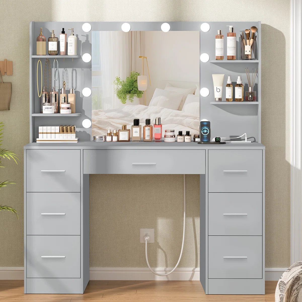 Camyla Large Makeup Vanity Table with LED Mirror, 7 Drawers, 4 Storage Shelves, Jewelry Hooks & Power Outlet-OUCH CART | dressing tables
