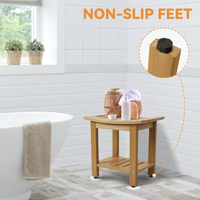 Shower Bench with Storage Shelf, 18 1/2" D ×12" W HDPE Shower Stool for Inside Shower, Waterproof and Anti-Fade Shower Chair, Non-Slip Shower Seat with Handle for Bathroom, Bright Brown - Ouch Cart