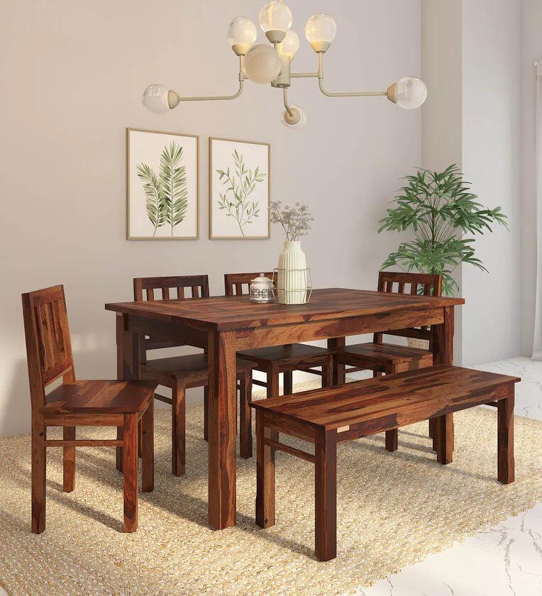 Sheesham Wood 6 Seater Dining Set In Provincial Teak Finish With Bench - Ouch Cart