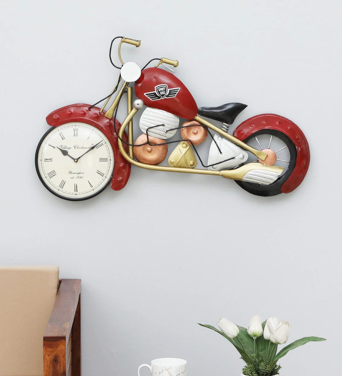 Handmade Maroon Metal Bullet Bilke Wall Hanging Clock,