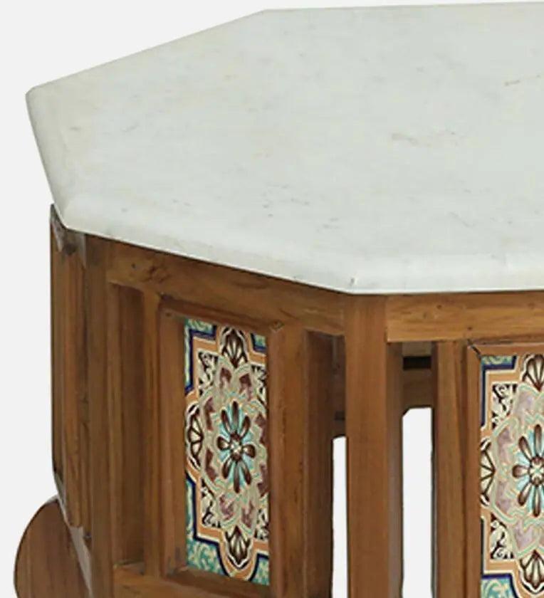 Teak Wood Coffee Table In Rustic Teak Finish With Marble Top - Ouch Cart