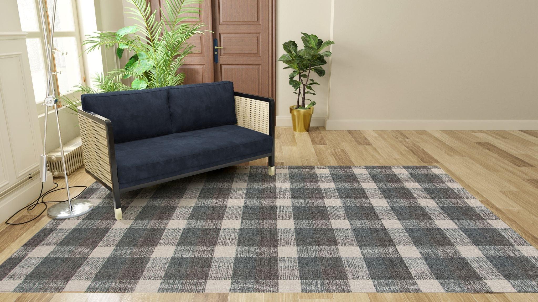 Dark Gray Wool Tartan 8X10 Feet Hand-Tufted Carpet - Rug - Ouch Cart