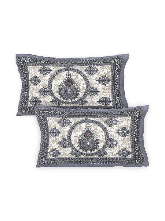 Jaipuri Print Cotton Bedsheet with 2 Pillow Covers | 144 Thread Count Flat Sheet | Summer Bedding for Adults