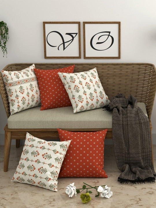 Mix & Match Cushion Cover Set of 5, 16 x 16 Inch, Cotton Blend, Botanical Print for Sofa & Living Room OUCH CART