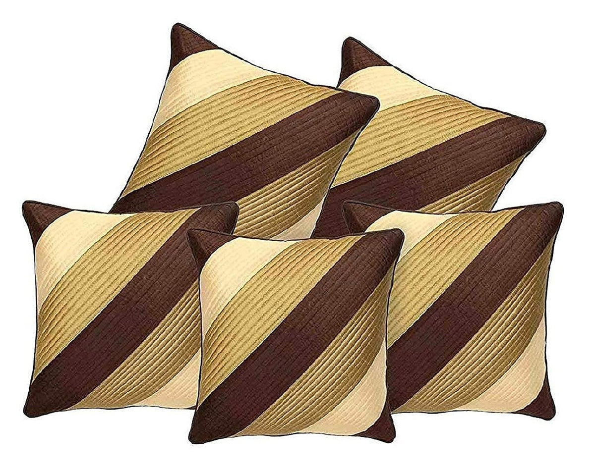 Classic Brown & Gold Silk Cushion Covers 16 x 16 Inch, Striped Design, Set of 5 OUCH CART