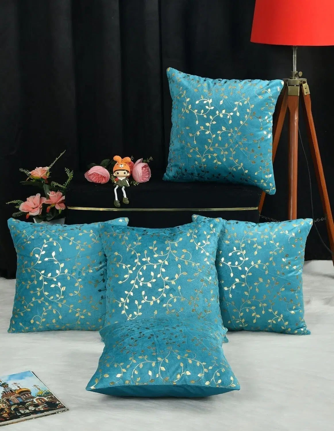 Blue Petal Velvet Cushion Covers 16 x 16 Inch for Sofa, Couch & Bed, Set of 5 OUCH CART