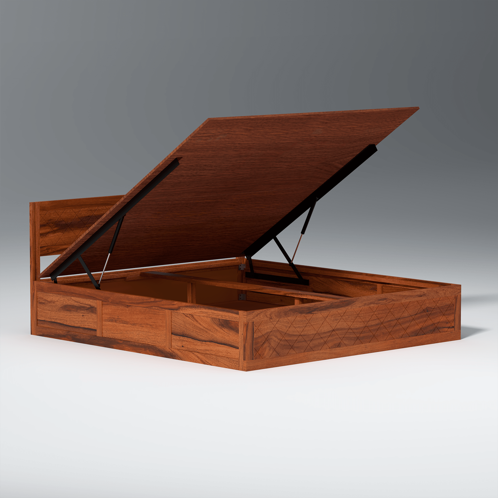 Lofted Sheesham Wood Hydraulic Bed with Box Storage in Maharani Color - Ouch Cart
