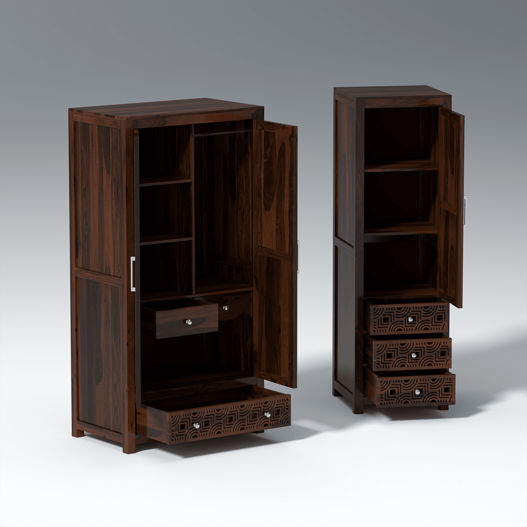 Summita Three Door Sheesham Wood Wardrobe in Walnut Colour - Ouch Cart