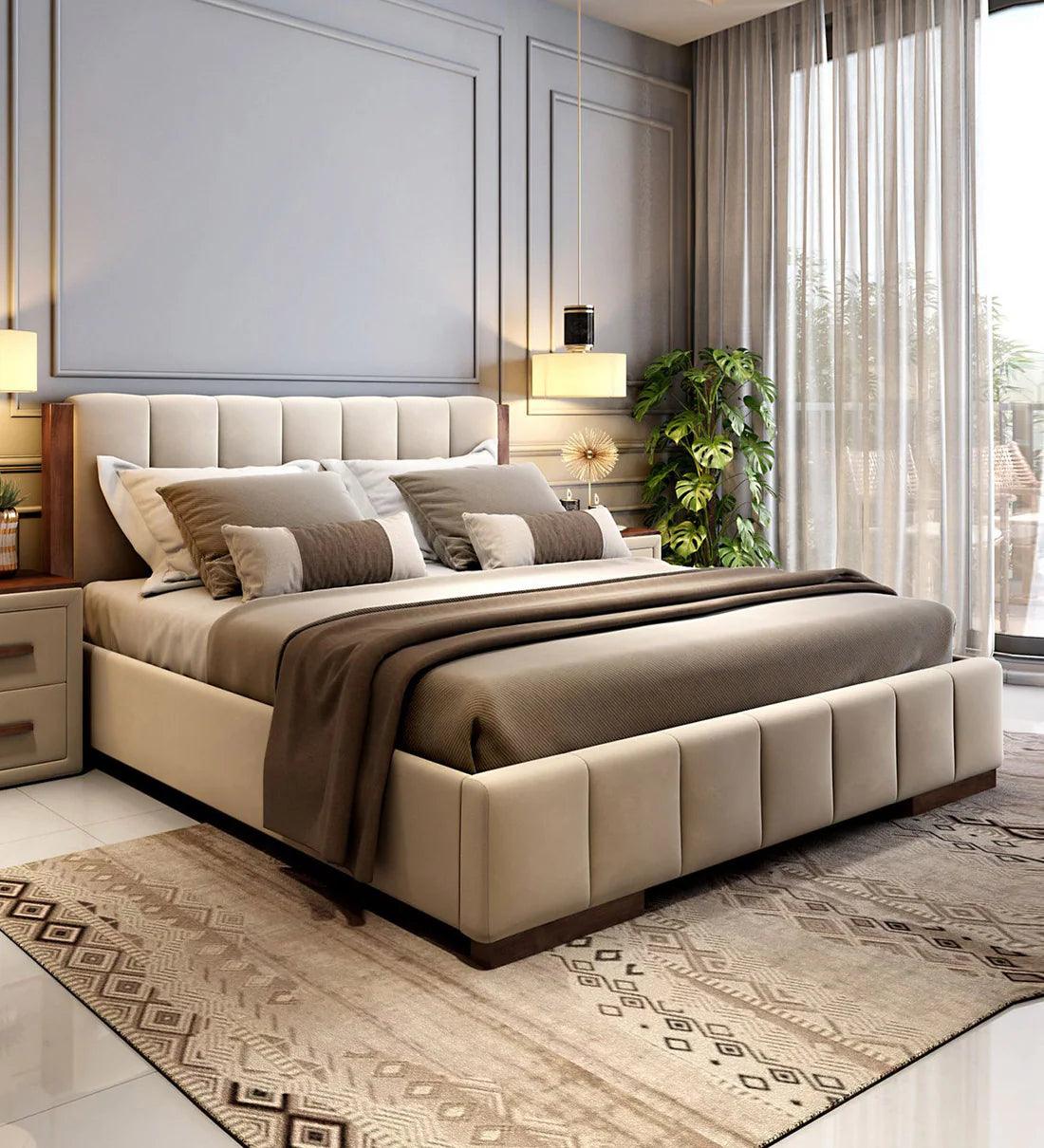 Fabric King Size Bed in Cream Colour - Ouch Cart