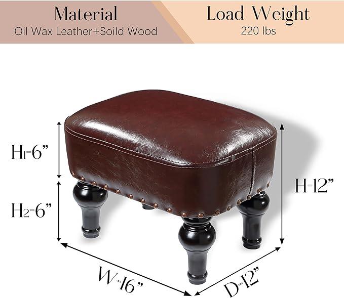 Leather Foot Rest with Thicker Foam Padded Seat, Footstool with Wooden Legs (Brown) - Ouch Cart