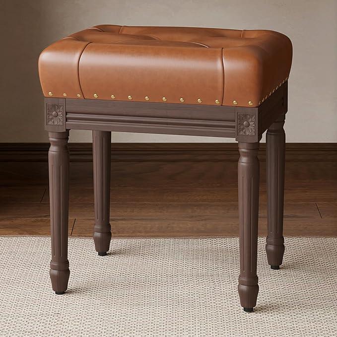 Tufted Vanity Chair for Makeup Room, Faux Leather Ottoman Stool with Vintage Wooden Frame, Small Bench for Living Room Dining Room, Foot Stool Foot Rest - Ouch Cart