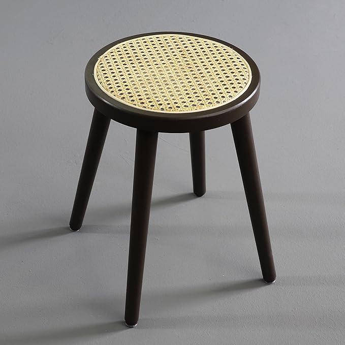 Rattan Stool, Small Rattan Stool, Handcrafted Wood Stool, Lightweight Stool, Hand-Woven Rattan, No Tool Assembly (Round, Brown) - Ouch Cart