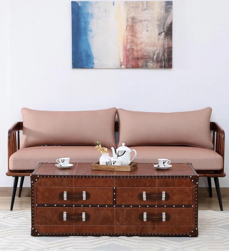 Leather Coffee Table In Vintage Brown Colour - Ouch Cart
