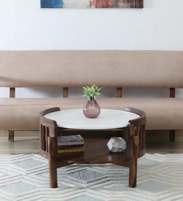 Sheesham Wood Coffee Table In Provincial Teak Finish With Marble Top - Ouch Cart