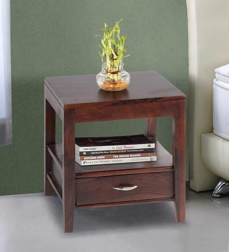One Sheesham Wood Bedside Table in Walnut Finish with Drawer - Ouch Cart