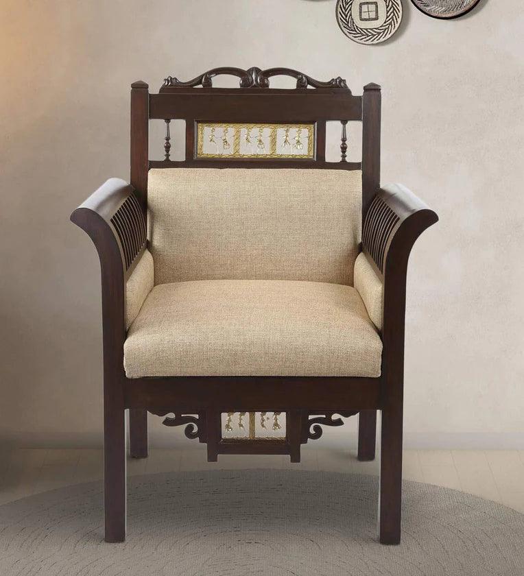 Teak Wood 1 Seater Sofa in Beige & Walnut Finish - Ouch Cart
