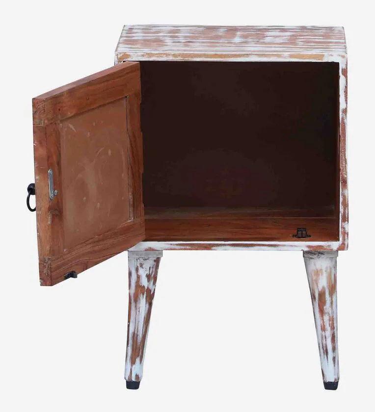 Solid Wood Bedside Table In White Distress Finish - Ouch Cart