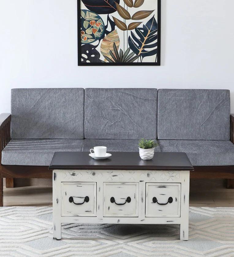 Solid Wood Coffee Table In White Distressed Finish With Drawers - Ouch Cart
