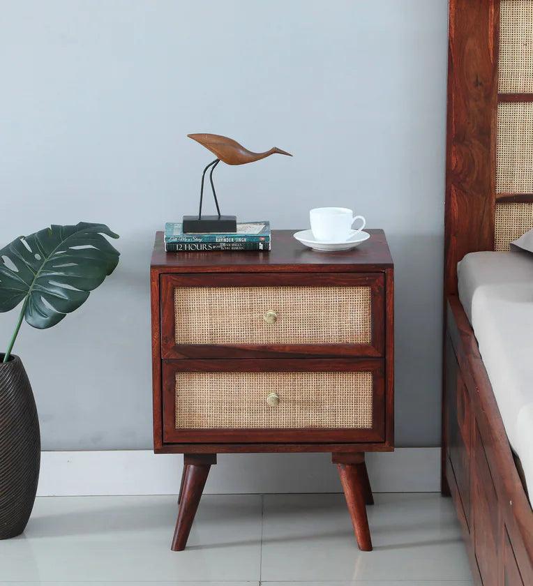 Sheesham Wood Two Drawer Bedside Table In Scratch Resistant Honey Oak Finish - Ouch Cart
