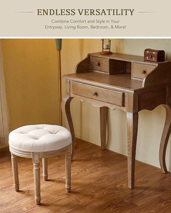 Vintage Round Brushed Wood Stool with Diamond Tufting, 18-Inch, Beige - Ouch Cart