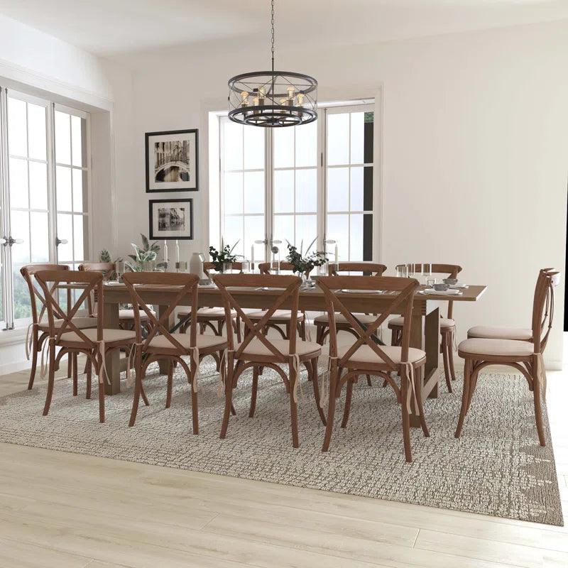 9' x 40" Rustic Folding Farm Table Set with 12 Cross Back Chairs and Cushions - Ouch Cart